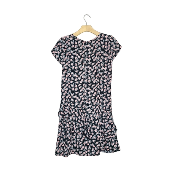Valleygirl Black & Pink Floral Print Flowy Short Sleeve Mini Dress - Picture 2 of 7